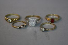 FIVE 9CT DRESS RINGS, ring sizes N, R, K, Q, M, approximate weight 12.8 grams