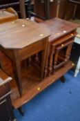 AN OAK RUSTIC STYLE COFFEE TABLE, a modern nest of tables, sewing box, table top writing slope and a