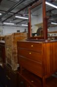 A TEAK CHEST OF THREE DRAWERS, mirror, oak tall boy and a Deco style small cupboard (4)