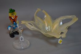 A SMALL CUT GLASS DECANTER, with silver mount, a Murano style glass clown and a large Murano bowl (