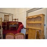 A MAHOGANY BIDET, two various chairs, pine open bookcase, mahogany open bookcase (5) (Proceeds to