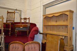 A MAHOGANY BIDET, two various chairs, pine open bookcase, mahogany open bookcase (5) (Proceeds to