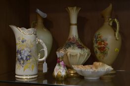 A GROUP OF ROYAL WORCESTER BLUSH IVORY ITEMS AND SIMILAR PAIR OF EWERS, to include jug florally