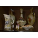 A GROUP OF ROYAL WORCESTER BLUSH IVORY ITEMS AND SIMILAR PAIR OF EWERS, to include jug florally