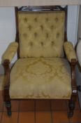 AN EDWARDIAN ROSEWOOD AND INLAID ARMCHAIR, with gold upholstery