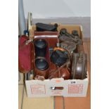 A BOX OF COLLECTABLES, to include binoculars, cameras, clock. desk top calendar etc