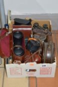 A BOX OF COLLECTABLES, to include binoculars, cameras, clock. desk top calendar etc