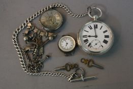 A SILVER POCKET WATCH ON A SILVER T BAR CHAIN, silver fob watch and mother of pearl watch, silver
