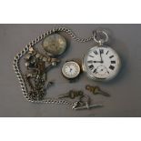 A SILVER POCKET WATCH ON A SILVER T BAR CHAIN, silver fob watch and mother of pearl watch, silver