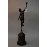 A FRENCH BRONZE FIGURE, modelled as a Greek female reaching out, on marbled base, decorated with