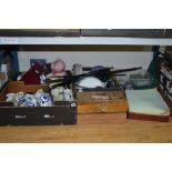 FOUR BOXES OF MODERN FIGURAL ORNAMENTS, kitchen crockery, fishing tackle, briefcase of chef's