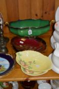 FIVE PIECES CARLTONWARE, to include 'Vert Royale' twin handled bowl (hairline), Rouge Royale '