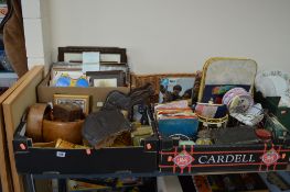THREE BOXES AND LOOSE SUNDRY ITEMS, to include pictures, wicker basket, records, aviation hat, tins,