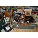 A BOX AND LOOSE SUNDRIES, to include bakelite items, telephone modern radios, Praktica camera,