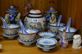 A COLLECTION OF CHINESE AND JAPANESE CERAMICS, including rice bowls, ladles and saucers, blue and