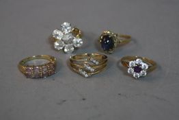 FIVE 9CT MIXED DRESS RINGS, ring sizes N, M, N, N, P, approximate weight 17.2 grams