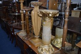 GILT PAINTED CERAMIC JARDINIERE STAND, three other jardiniere stands and a towel rail (4)