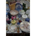 A QUANTITY OF CERAMICS AND GLASSWARE, including a Wedgwood blue glass candlestick, Crown Devon toast