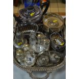 A GROUP LOT OF SILVER PLATE AND PEWTER CASTER, to include galleried edge tray, bottle coasters etc