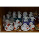 THREE WEDGWOOD SUSIE COOPER DESIGN COFFEE SETS, 'Corn Poppy' cake plate, milk jug, sugar bowl, six