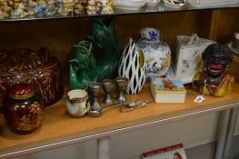 VARIOUS CERAMICS AND SUNDRIES, to include 'Jolly' money bank, silver sugar tongs and two spoons,