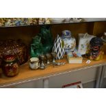 VARIOUS CERAMICS AND SUNDRIES, to include 'Jolly' money bank, silver sugar tongs and two spoons,