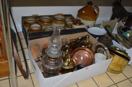 TWO BOXES AND LOOSE METALWARES, STONEWARE JARS, FLAGON (Doulton & Co Lambeth), oil lamp, scales,