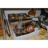 TWO BOXES AND LOOSE METALWARES, STONEWARE JARS, FLAGON (Doulton & Co Lambeth), oil lamp, scales,