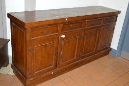 A HEAVY HARDWOOD SIDEBOARD, with four drawers, approximate size width 200cm x height 95cm x depth