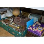 THREE BOXES OF METALWARE, including lamps and plaques, writing slope, etc (3 boxes and loose)