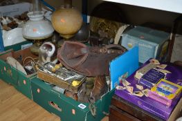 THREE BOXES OF METALWARE, including lamps and plaques, writing slope, etc (3 boxes and loose)