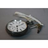 A SILVER POCKET WATCH, (two keys)