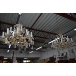 A PAIR OF FIVE BRANCH GLASS DOUBLE TIER CHANDELIERS, with lustre droppers (sd)