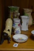 THREE PIECES OF POOLE POTTERY, a Royal Crown Derby Posies vase, Sylvac moulded garden jug, cat