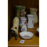 THREE PIECES OF POOLE POTTERY, a Royal Crown Derby Posies vase, Sylvac moulded garden jug, cat
