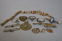 A MIXED LOT OF 9CT AND YELLOW METAL BRACELETS, RINGS, PENDANTS, etc