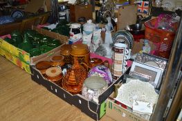 FIVE BOXES OF HOUSEHOLD CERAMICS AND SUNDRIES, including green kitchen crockery, cat ornaments,