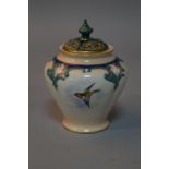 A ROYAL WORCESTER POT POURRI COVERED VASE, No.279, decorated with birds, green back stamp, height