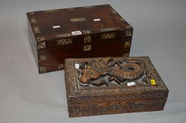 A MOTHER OF PEARL INLAID WRITING SLOPE, interior in need of attention, together with a carved box,