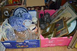 TWO BOXES OF GLASSWARE, CERAMICS, including Spode's Italian pattern, pewter, prints, etc