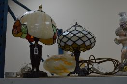 AN EARLY 20TH CENTURY BAKELITE BASED TABLE LAMP, another table lamp with a glass shade and a ceiling