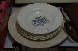 A SET OF 19TH CENTURY IRONSTONE PLATES, printed with a crest and motto below a coronet, French