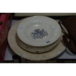 A SET OF 19TH CENTURY IRONSTONE PLATES, printed with a crest and motto below a coronet, French