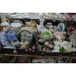 FOUR BOXES OF CERAMICS AND GLASSWARE, including Wedgwood jasperware, commemorative mugs, etc (4