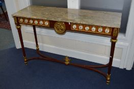 A MID 20TH CENTURY CONTINENTAL RECTANGULAR CONSOLE TABLE, pink, grey and orange veined marble top