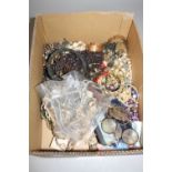 A BOX OF MIXED COSTUME JEWELLERY