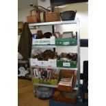 SEVEN BOXES/SUITCASE AND LOOSE SUNDRIES, to include maps, metalware, cutlery, work boxes, wicker