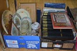TWO BOXES BOOKS, CERAMICS, METALWARE, PICTURES ETC, to include coins, Second World War magazines,