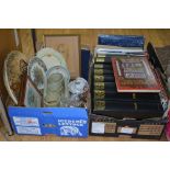 TWO BOXES BOOKS, CERAMICS, METALWARE, PICTURES ETC, to include coins, Second World War magazines,