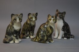 FOUR WINSTANLEY CATS, all seated with glass eyes, tallest height 21.5cm (chip to ear on one and